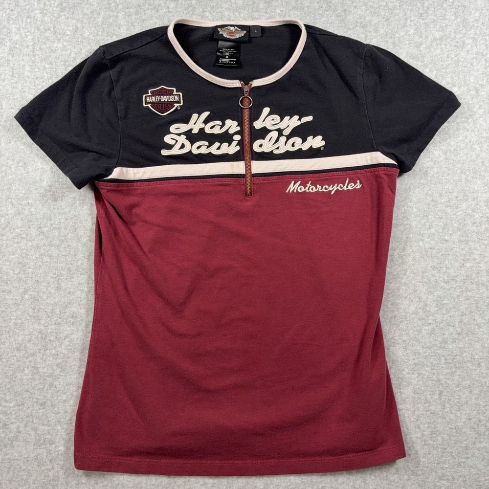 Harley-Davidson Shirt Womens L Red Black 1/2 Zip Colorblock Jersey T Shirt